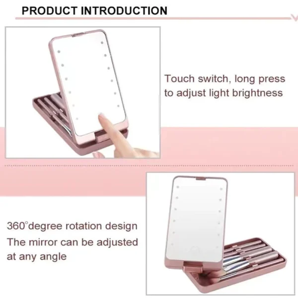 Foldable Rotating LED Makeup Mirror with Brush Storage