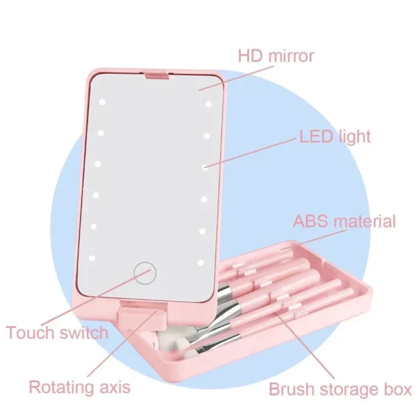 Foldable Rotating LED Makeup Mirror with Brush Storage