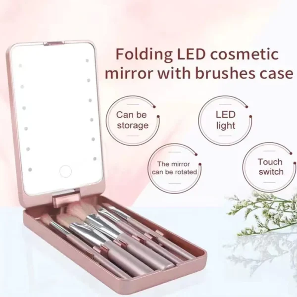 Foldable Rotating LED Makeup Mirror with Brush Storage